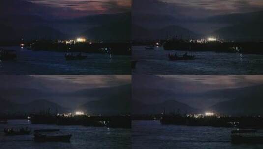 海南岛渔港灯火 渔船 晚霞高清在线视频素材下载