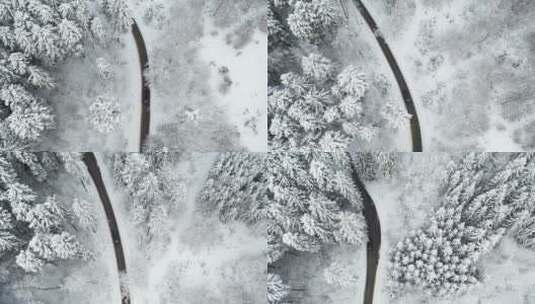 航拍户外积雪覆盖的森林公路上行驶的汽车高清在线视频素材下载