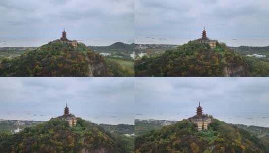 阴天长江边的南通狼山广教禅寺高清在线视频素材下载