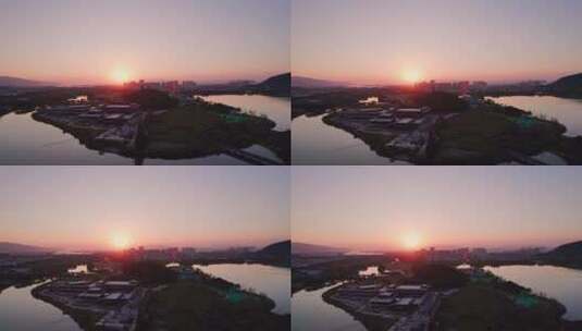 杭州湘湖旅游风景度假区日落航拍高清在线视频素材下载
