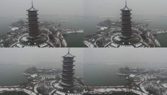 航拍胶州雪后少海南湖公园高清在线视频素材下载