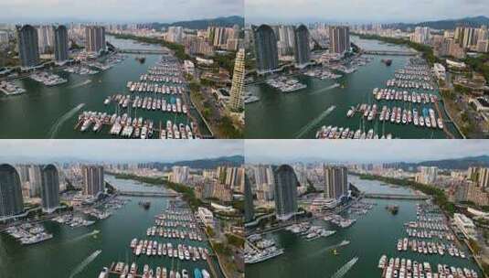 航拍海南三亚游艇旅游中心与帆船港帆船高清在线视频素材下载
