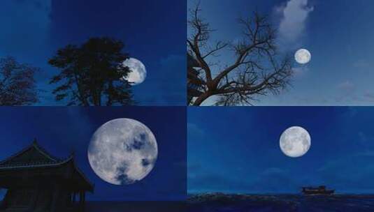 八月十五中秋节树梢屋檐上升起的月亮高清在线视频素材下载
