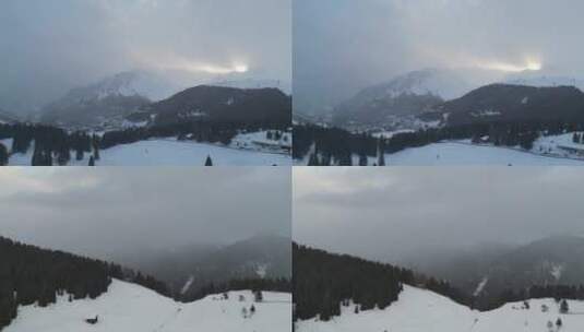 冬季群山村庄森林风雪航拍高清在线视频素材下载