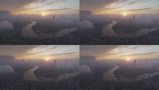 上海陆家嘴平流雾日出航拍高清在线视频素材下载