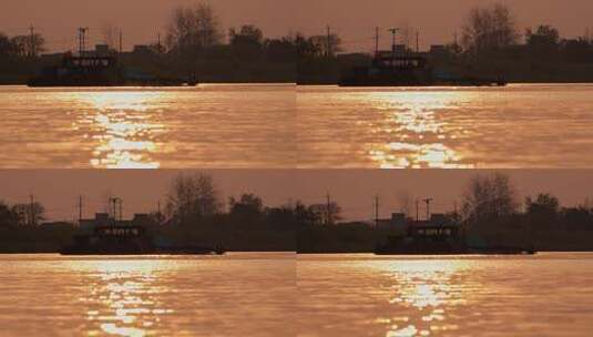 黄昏夕阳下的货船河道剪影高清在线视频素材下载