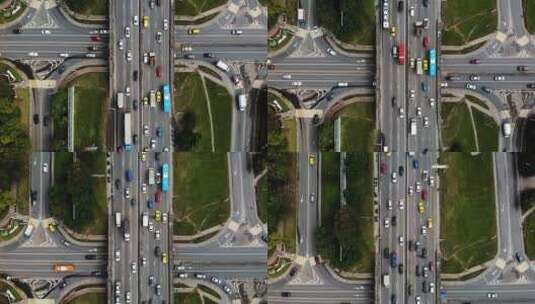 城市与公共汽车、汽车、卡车交叉口的俯视图。白天的交通，高清在线视频素材下载