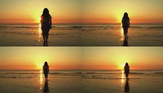 日落时走在海滩上的女孩高清在线视频素材下载