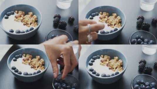 制作牛奶蓝莓燕麦营养早餐高清在线视频素材下载