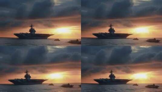 4k航空母舰舰队海洋航行夕阳唯美创意高清在线视频素材下载