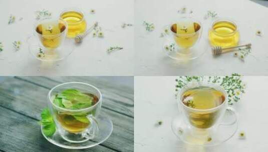 【合集】玻璃杯中的菊花茶薄荷茶柠檬茶高清在线视频素材下载