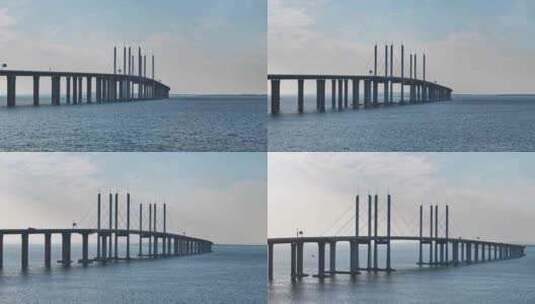 山东青岛跨海大桥日落航拍高清在线视频素材下载