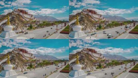 西藏拉萨布达拉宫观景台车流人流全景延时高清在线视频素材下载