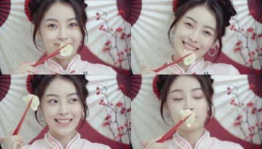 吃饺子的国风美少女高清在线视频素材下载