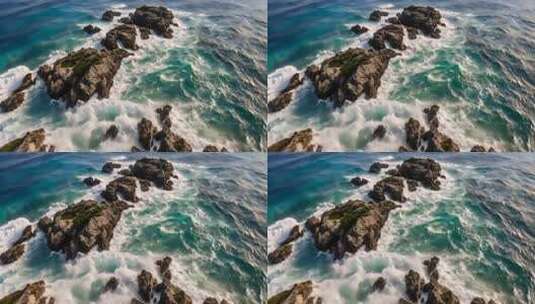 空中俯瞰海浪拍打礁石高清在线视频素材下载