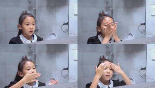 在卫生间洗脸的中国女孩高清在线视频素材下载