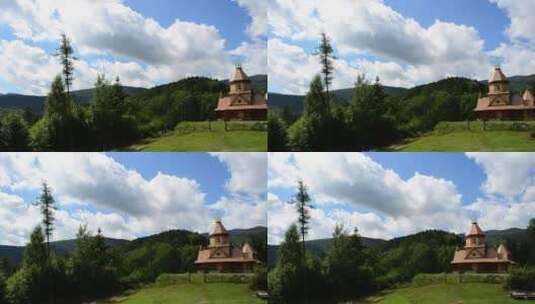 森林丘陵之间的教堂高清在线视频素材下载