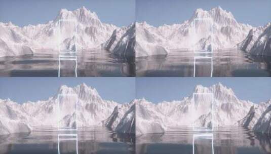 抽象概念雪山和湖面上一扇门高端房地产素材高清在线视频素材下载