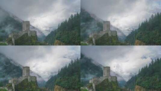 云雾丛林中的中世纪城堡高清在线视频素材下载