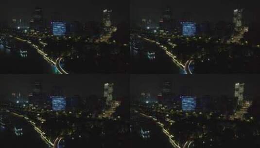 上海世博园黄浦江夜景4K航拍高清在线视频素材下载