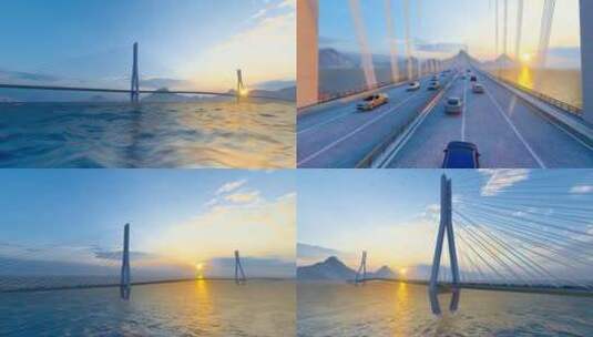 4K 落日余晖下的跨海大桥航拍素材高清在线视频素材下载