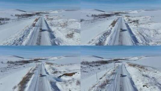 追拍山区冰雪道路上行驶的汽车高清在线视频素材下载