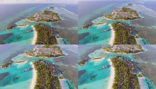 航拍海岛度假酒店小屋沙滩海浪森林马尔代夫高清在线视频素材下载