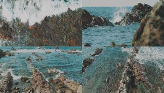 海浪翻滚海浪拍打礁石岩石海岸海水海边浪花高清在线视频素材下载