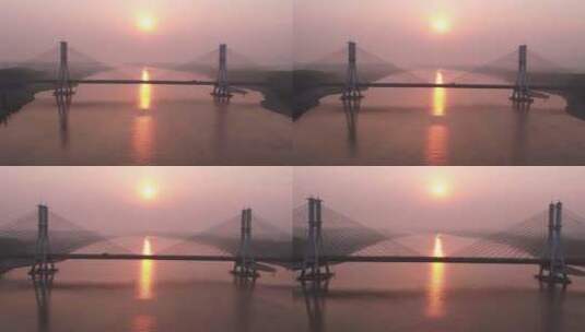 山东济南黄河大桥日出航拍高清在线视频素材下载