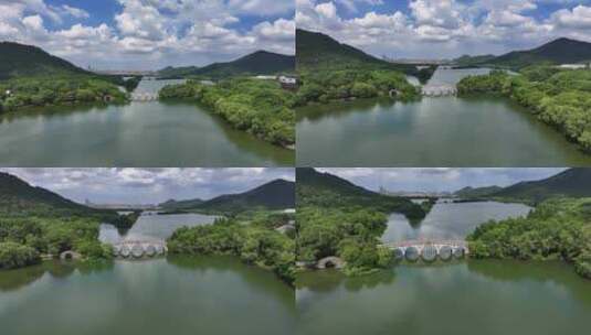 杭州湘湖景区跨湖桥遗址航拍高清在线视频素材下载