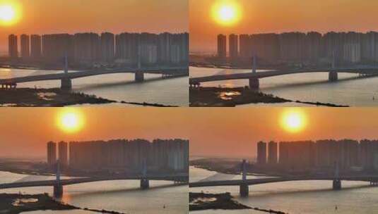 珠海斗门黄杨河大桥日落航拍高清在线视频素材下载