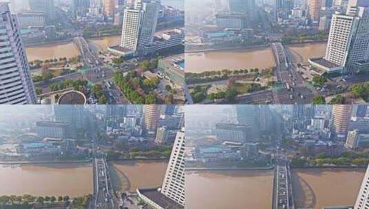 浙江省宁波城市河流风景建筑航拍高清在线视频素材下载