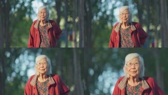 老人老年女性拄着拐杖在公园散步高清在线视频素材下载