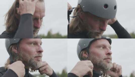 冲浪者骑行前戴头盔高清在线视频素材下载