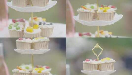 婚礼宴会上餐桌上的小糕点派对上甜品蛋糕高清在线视频素材下载