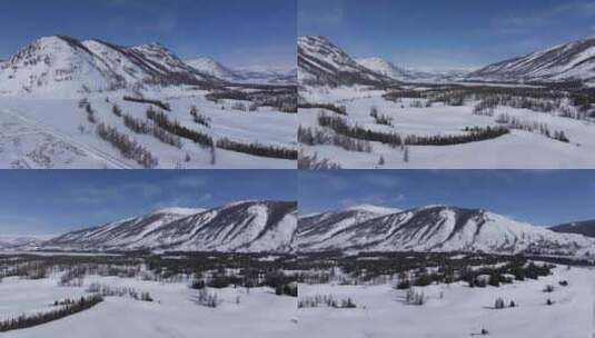 航拍新疆冬季喀纳斯河流晨雾雪山森林雪景高清在线视频素材下载