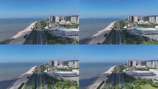 航拍福建厦门沿海公路沙滩大海高清在线视频素材下载