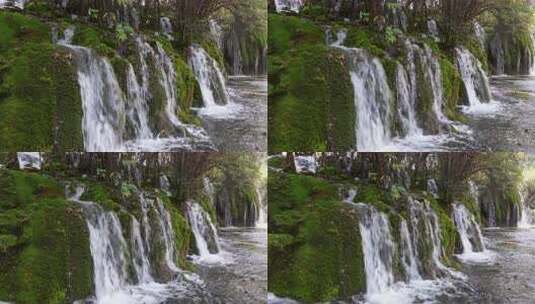 九寨沟箭竹海瀑布水中青苔流水岩石秋天水景高清在线视频素材下载