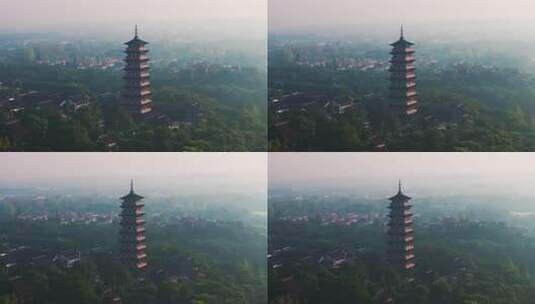 江苏省扬州市瘦西湖大明寺晨曦云雾风光航拍高清在线视频素材下载