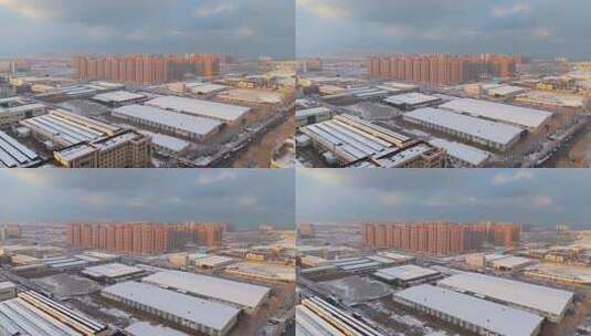 冬季航拍烟台大雪后的城市建筑和晚霞风景高清在线视频素材下载