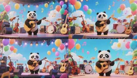 熊猫舞台弹吉他素材高清在线视频素材下载