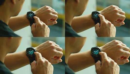 男人设置智能手表运动健康生活视频高清在线视频素材下载