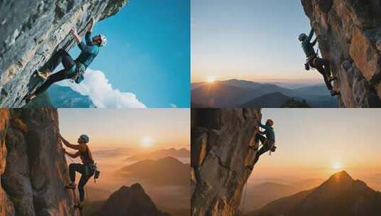 户外攀岩挑战极限悬崖攀登日出剪影高清在线视频素材下载
