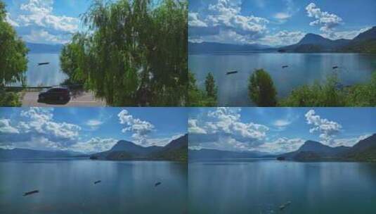 丽江泸沽湖风景HDR航拍高清在线视频素材下载