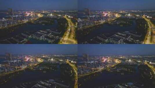 建设中的上海临港新城建筑夜晚航拍高清在线视频素材下载