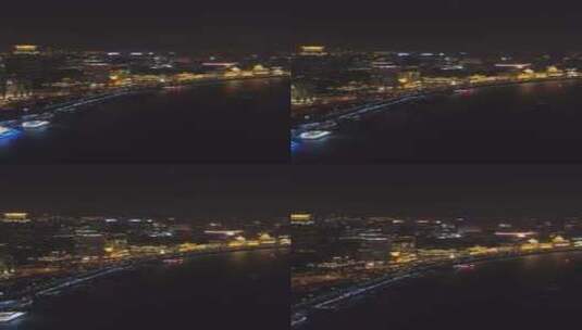 外滩堤岸与夜景照耀的上海城市鸟瞰垂直视频高清在线视频素材下载