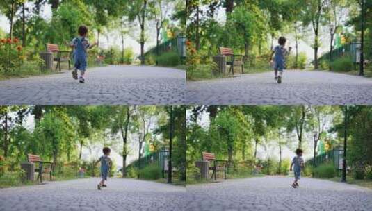 小男孩在户外跑步。孩子在外面的公园里跑步高清在线视频素材下载