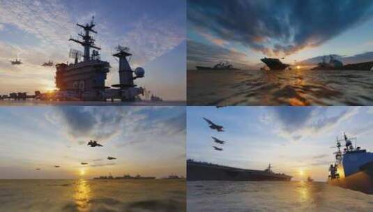 夕阳下海上航空母舰战斗群航拍高清在线视频素材下载