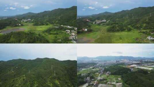 山区村庄大山电线塔陆川石产水库西山高清在线视频素材下载