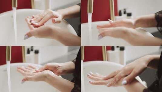 女人用洗手液洗手的特写镜头高清在线视频素材下载
